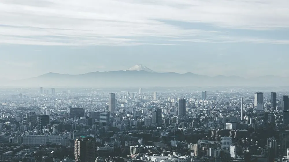 Vista panorámica de una gran ciudad bajo la neblina